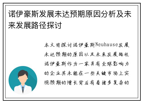 诺伊豪斯发展未达预期原因分析及未来发展路径探讨 诺伊豪斯发展未达预期原因分析及未来发展路径探讨